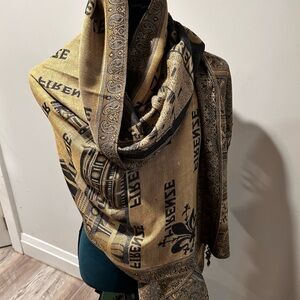 Tucci Firenze Black and Gold Printed Shawl Scarf.  Cashmere and Silk. Large Wrap